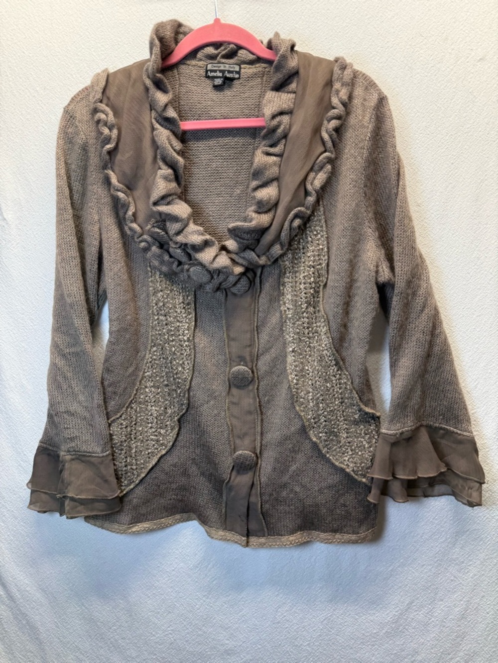 VTG Grandmacore Amelia Austin Taupe Cardigan Unique with Chiffon Ruffles Y2K 90s